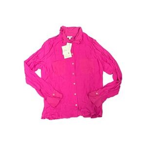 J Jill Womens Button Down Shirt Flowy Pockets Cerise Pink Long Sleeve Size M NWT